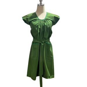 Saint Laurent Rive Gauche Vintage 1970 Green Belted Cap Sleeve Mididress sz 34/2